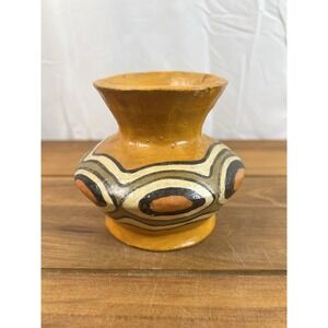 VTG Hand Painted Mexican Folk Art Terracotta Vase Geometric Motif 4"